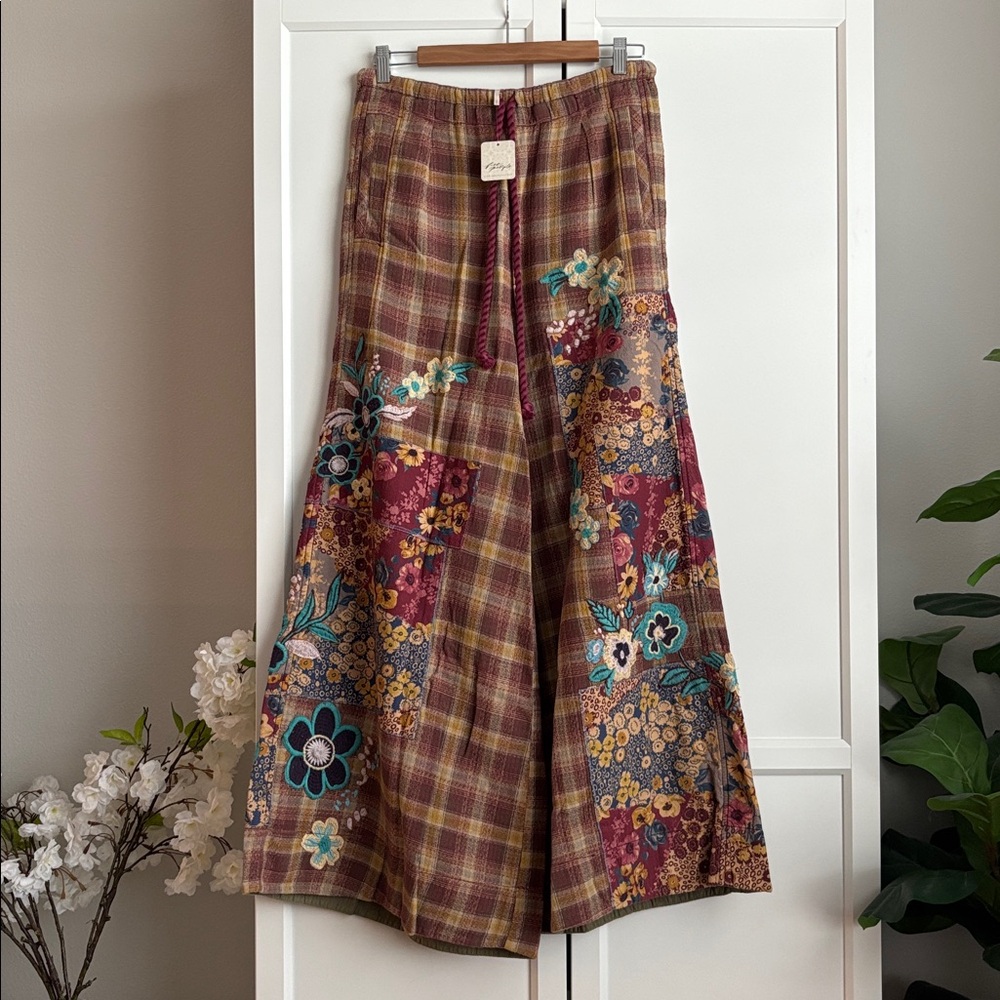 NWT Free People Brooks Embroidered Wide Leg Patchwork Pants, S - Picture 7 of 16